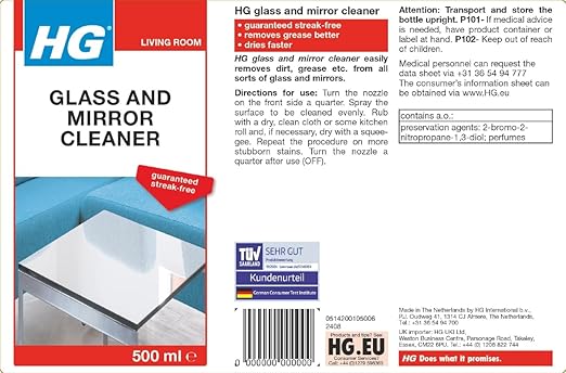 HG Glass and Mirror Cleaner, Streak-Free Glass Cleaner, Effectively Removes Grease & Dirt from Windows & Surfaces Quickly - 500ml Spray