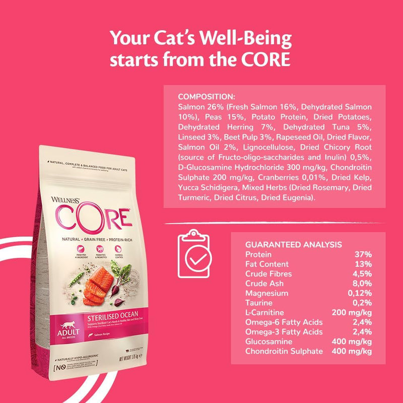 Wellness CORE Sterilised Ocean, 300g, Salmon, Dry Cat Food for Sterilised  Indoor CatsHigh Content, , Supports Healthy Skin